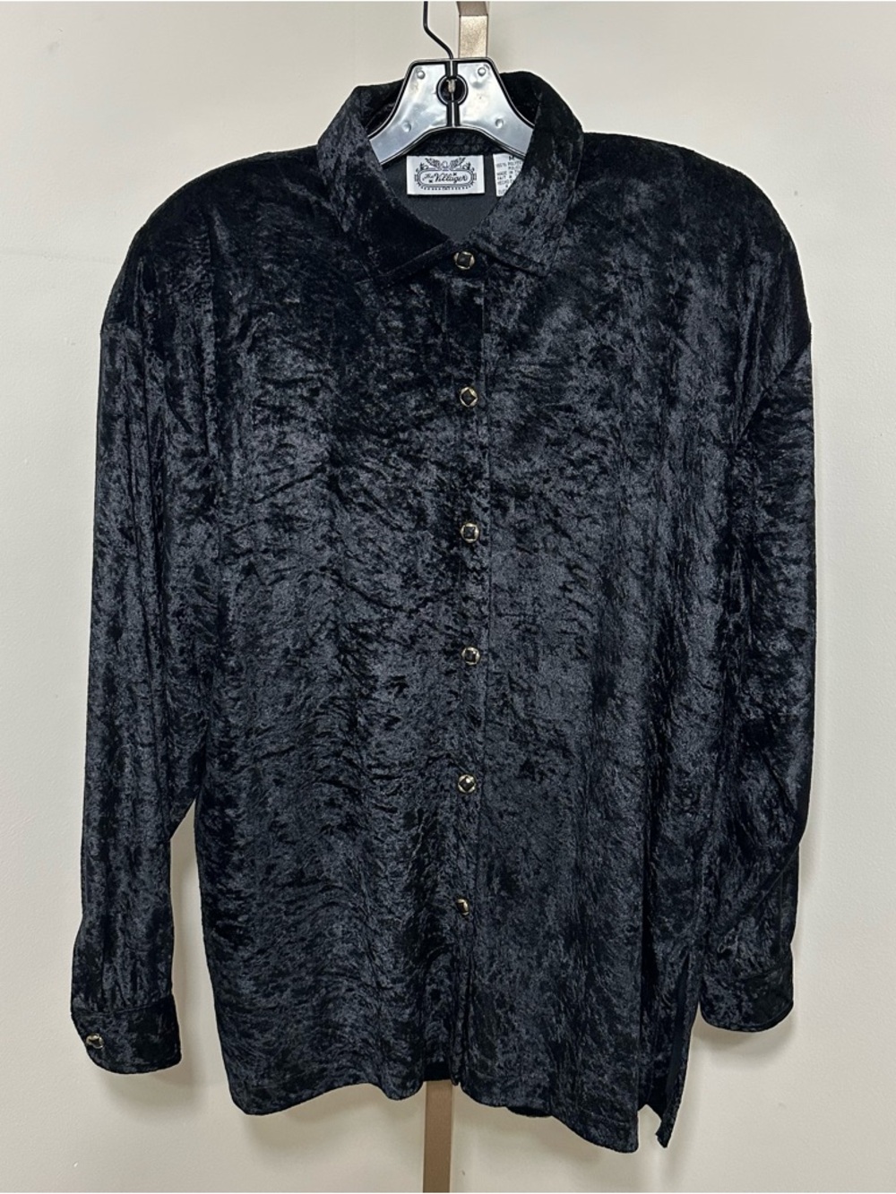 Vintage villager Black crushed Velvet Casual Button-Down Shirt w/ shoulder pads.